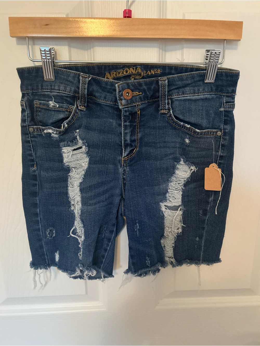 Arizona Jean Company Dark Blue Distressed Frayed Hem Denim Shorts size 7